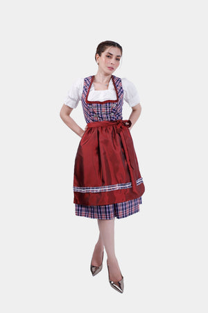 A full-length side view of the model in a traditional dirndl dress with a red apron, plaid skirt, and metallic high heels