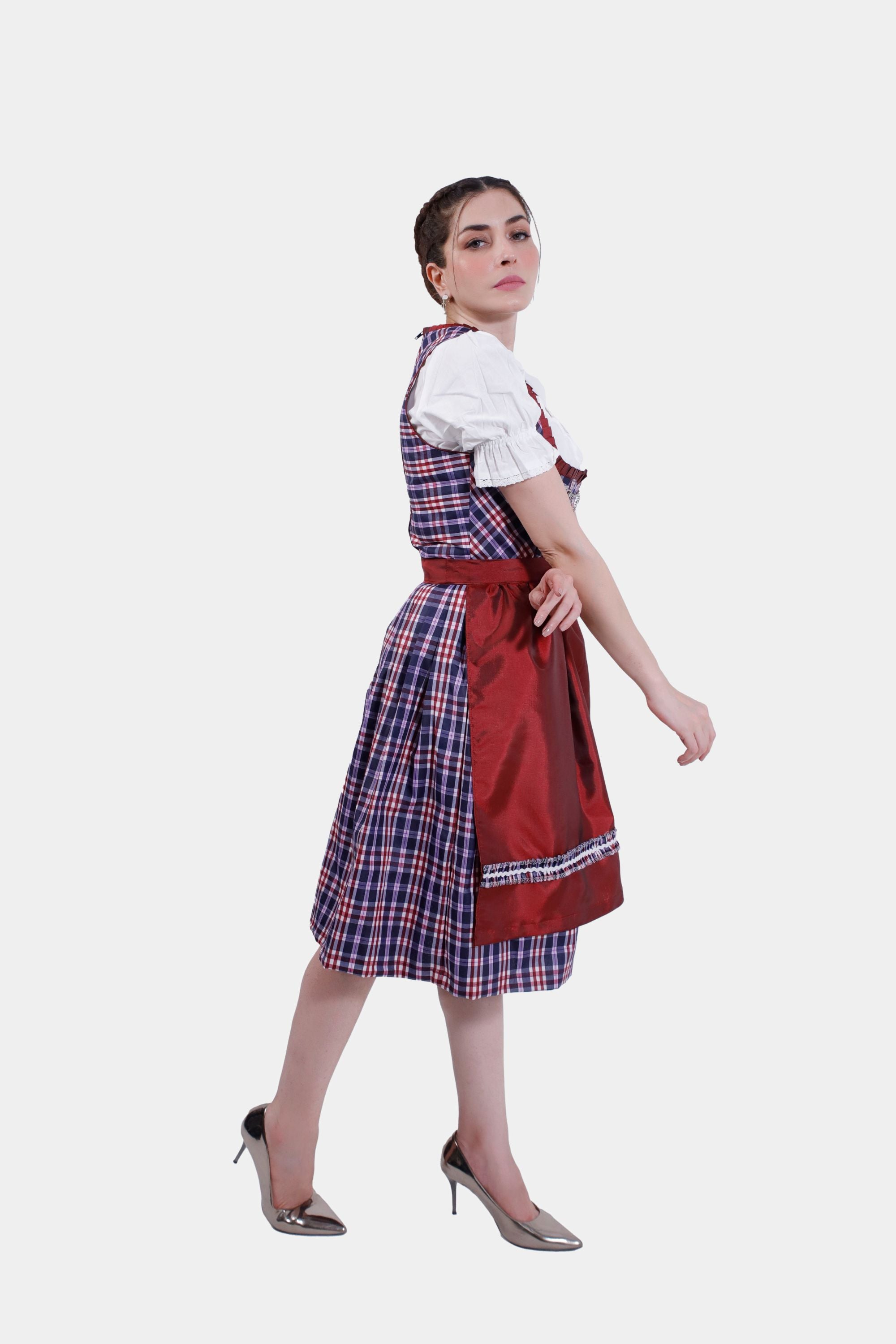 The dirndl dress is shown in full length from the back, with the red apron tied in a bow and paired with metallic high heels.