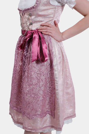 Side view of the dirndl dress highlighting the pink lace apron, satin ribbon belt, and detailed floral patterns on the fabric.
