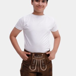 Full body portrait of a young boy dressed in white T-shirt and Elias Lederhosen with elegant embroidery, standing with a slight smile