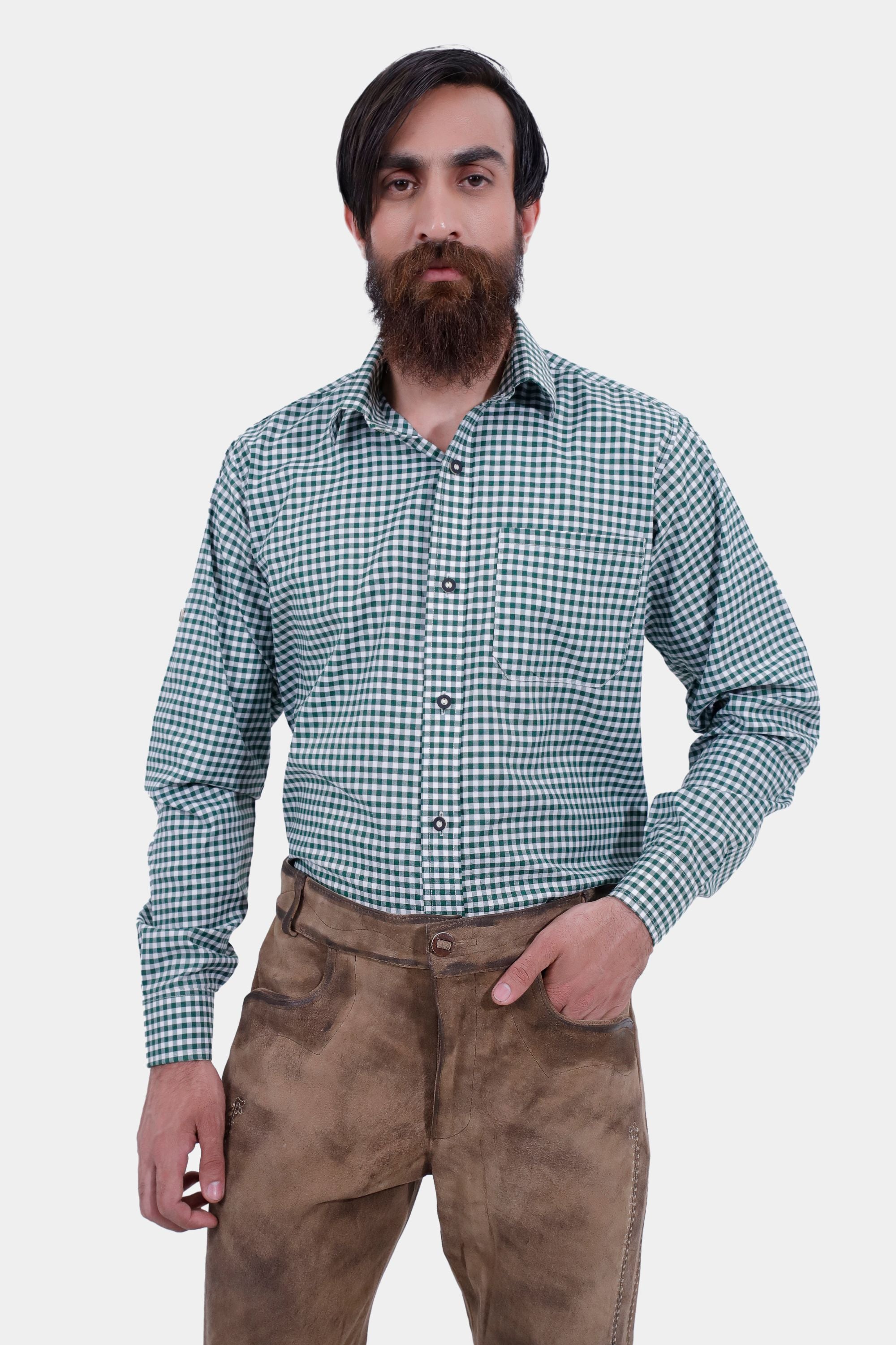 Closed front view of a man wearing Helsinki Long Lederhosen Pants paired with green checkered shirt