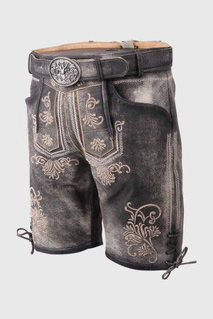 Close-up of the side pocket and lace-up detailing on these german short lederhosen, emphasizing the craftsmanship and rugged design.