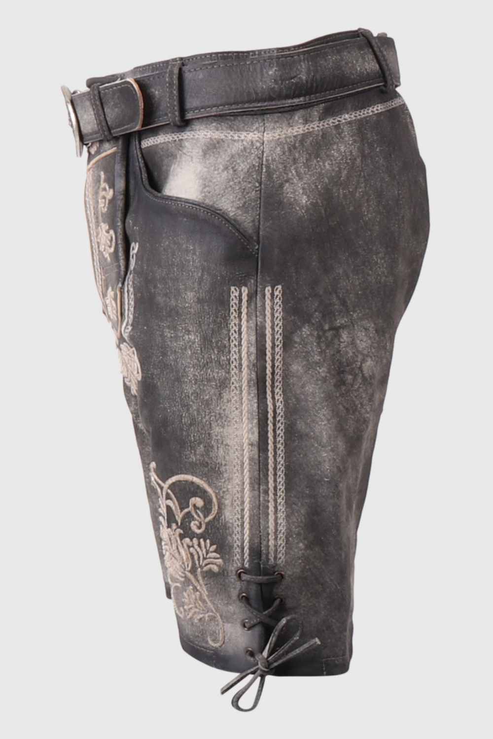 Rear view of mens lederhosen shorts, highlighting their rustic finish and comfortable fit, perfect for completing a traditional German outfit.