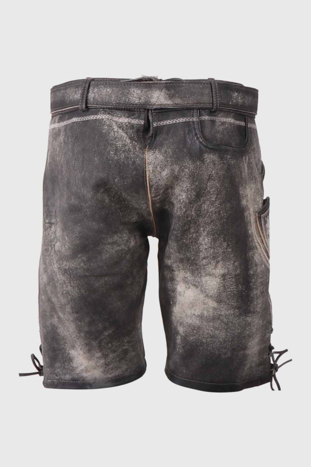 A back view of traditional german leather shorts, showing their weathered texture and precise stitching, ideal for outdoor wear.