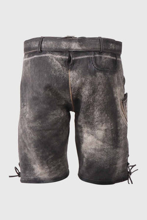 A back view of traditional german leather shorts, showing their weathered texture and precise stitching, ideal for outdoor wear.