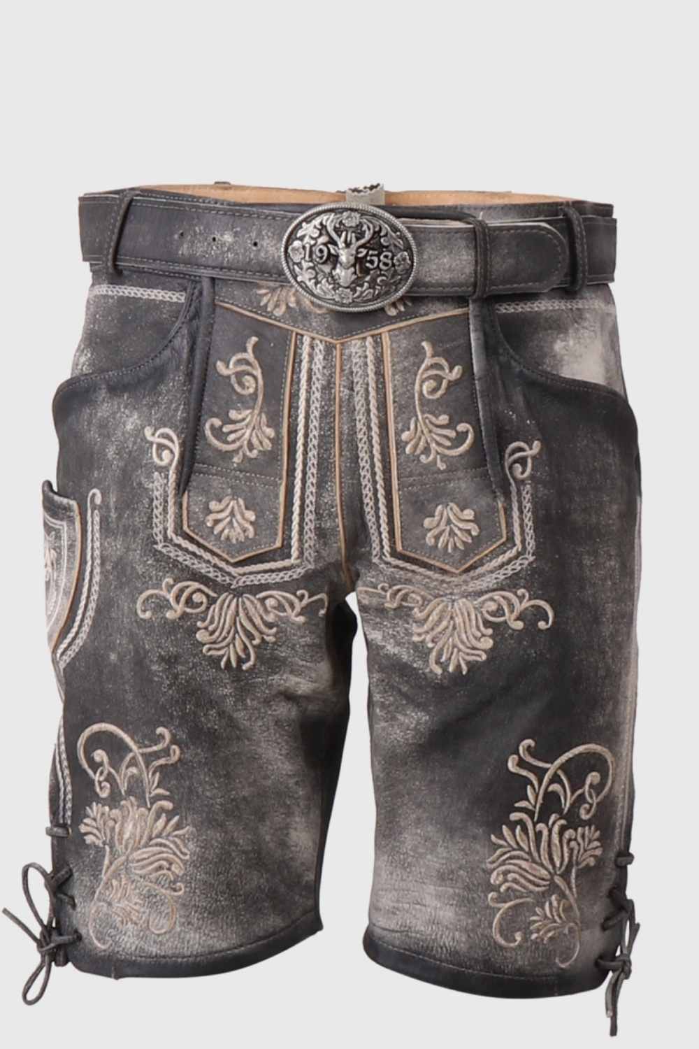 A rugged pair of mens lederhosen shorts featuring intricate embroidery and a sturdy belt buckle, designed for traditional German events.