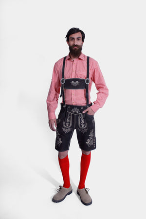 Man wearing Lahm German Oktoberfest Suspender with a red checkered shirt.
