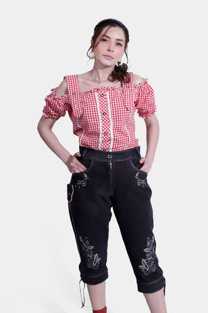 Leni Riefenstahl Lederhosen in Ebony Stag Black with natural embroidery, front pockets, knife pocket, and brown horn buttons with cuff laces