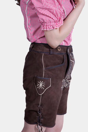 Side view of the Liesel Pritzker Lederhosen showing detailed embroidery on the side.