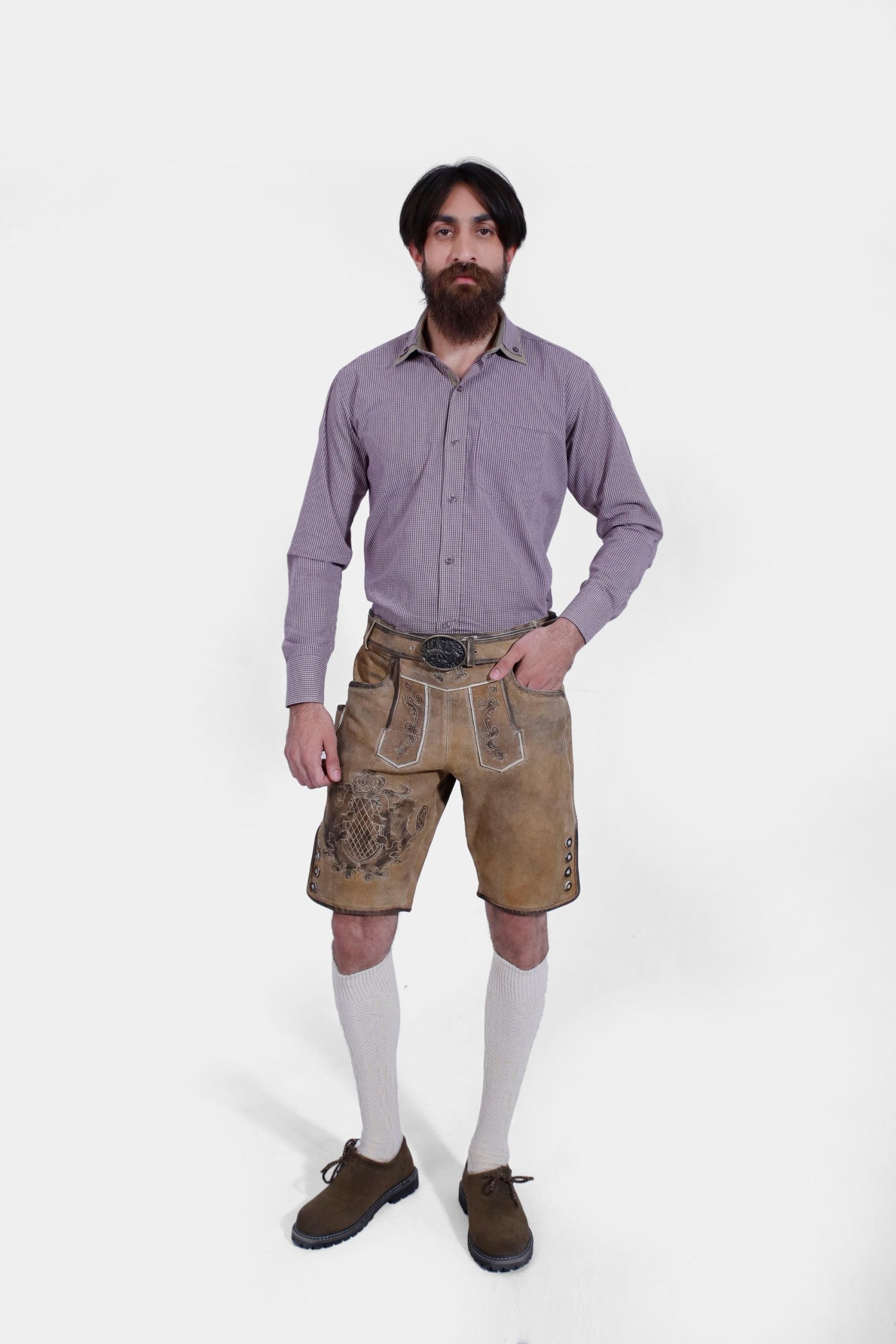 Complete front View of a man wearing Short Traditional Lederhosen
