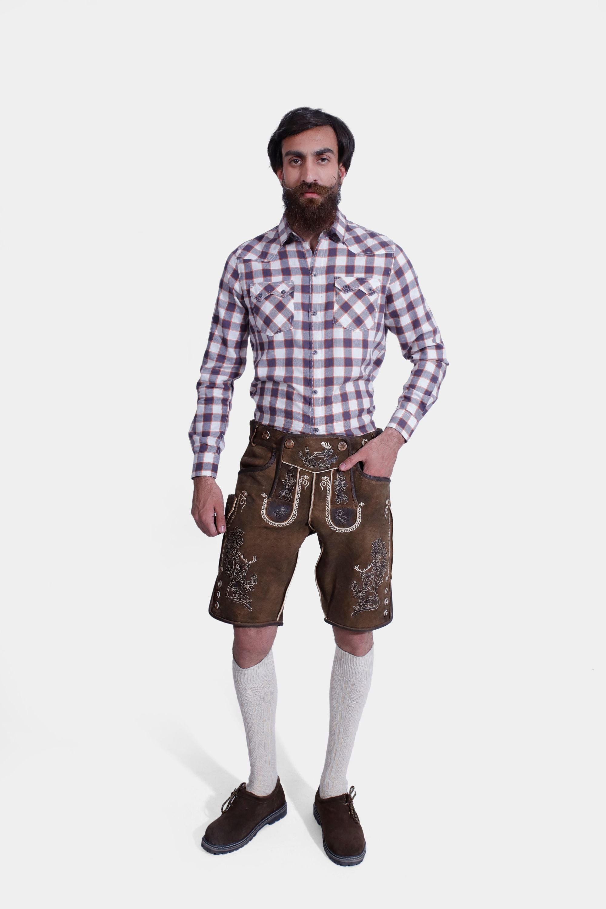 Full front view of man wearing Max Planck Oktoberfest Lederhosen with a checkered shirt.
