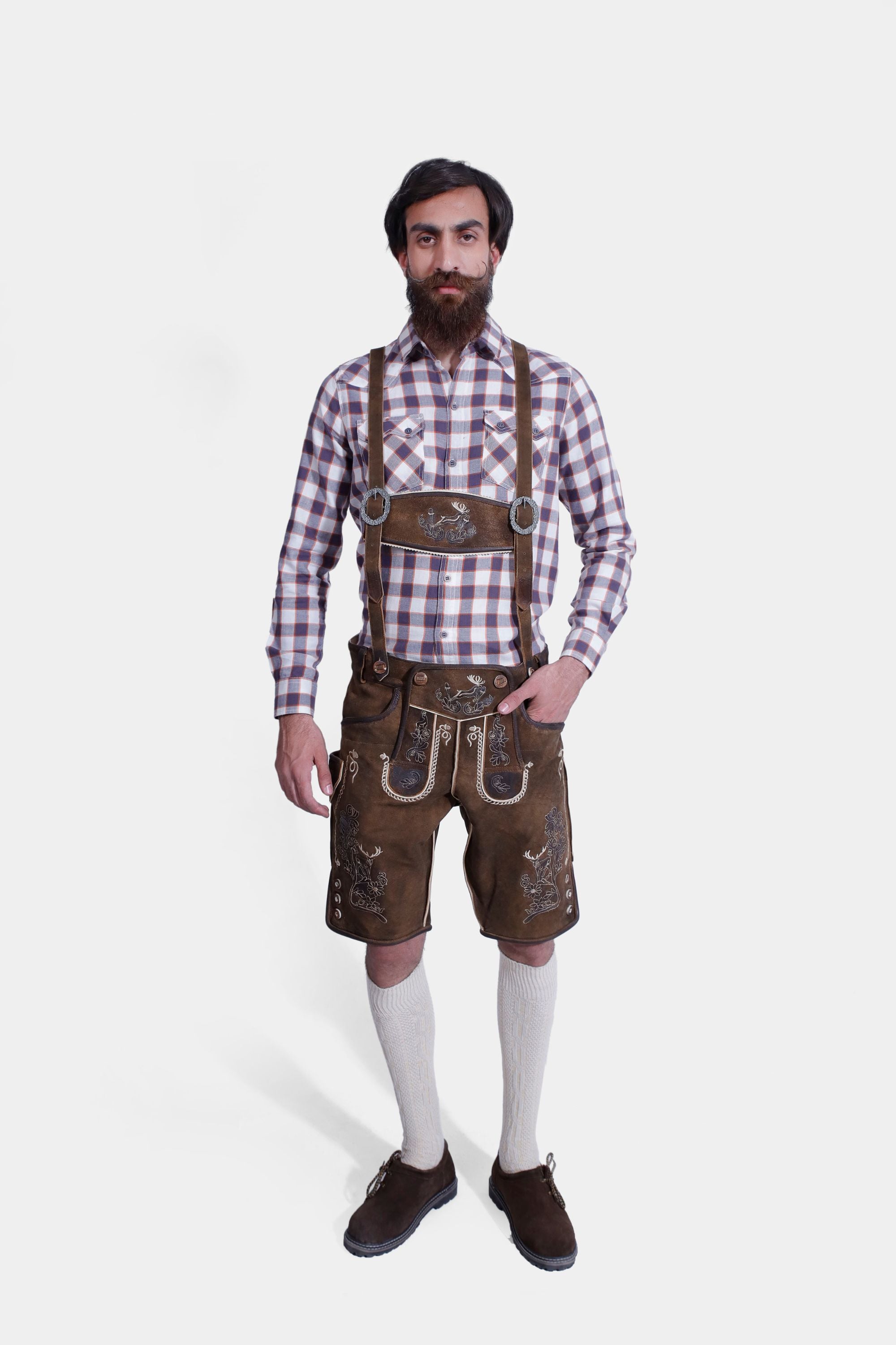 Man wearing Max Planck Oktoberfest Lederhosen Suspender with a checkered shirt.