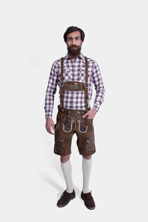 Man wearing Max Planck Oktoberfest Lederhosen Suspender with a checkered shirt.