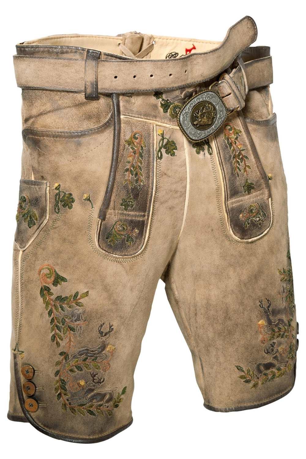 Front view of authentic lederhosen shorts men with beautifully embroidered deer and floral patterns, paired with a sturdy belt and traditional buckle design.