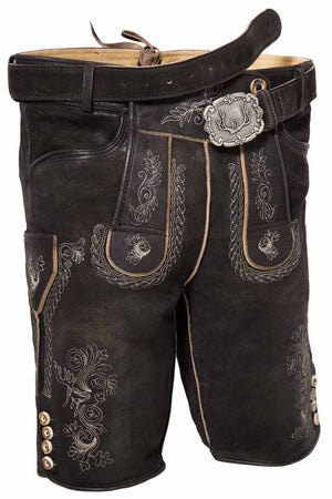 Front view of traditional German shorts made from dark leather, featuring detailed embroidery and a deer-themed belt buckle, perfect for men's Oktoberfest attire