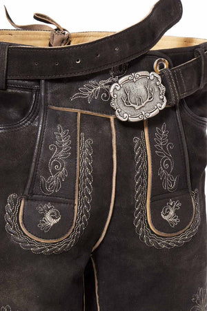Close-up of mens Oktoberfest shorts with intricate stitching and ornate belt buckle, showcasing the traditional style of lederhosen shorts men
