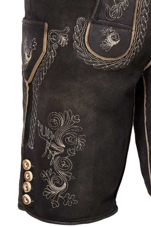 Side view of lederhosen shorts men with decorative embroidery and classic wooden buttons, adding to the authentic look of traditional German shorts