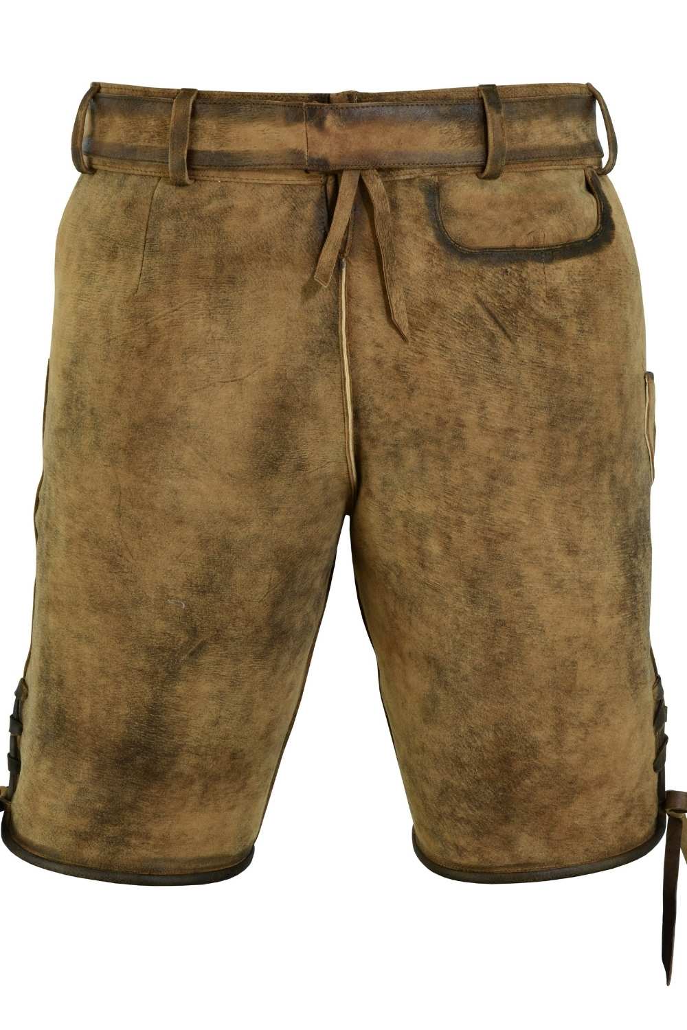 Back view of lederhosen men’s shorts with a smooth leather finish and belt loops, providing a rugged yet stylish look
