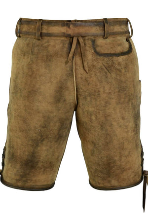 Back view of lederhosen men’s shorts with a smooth leather finish and belt loops, providing a rugged yet stylish look