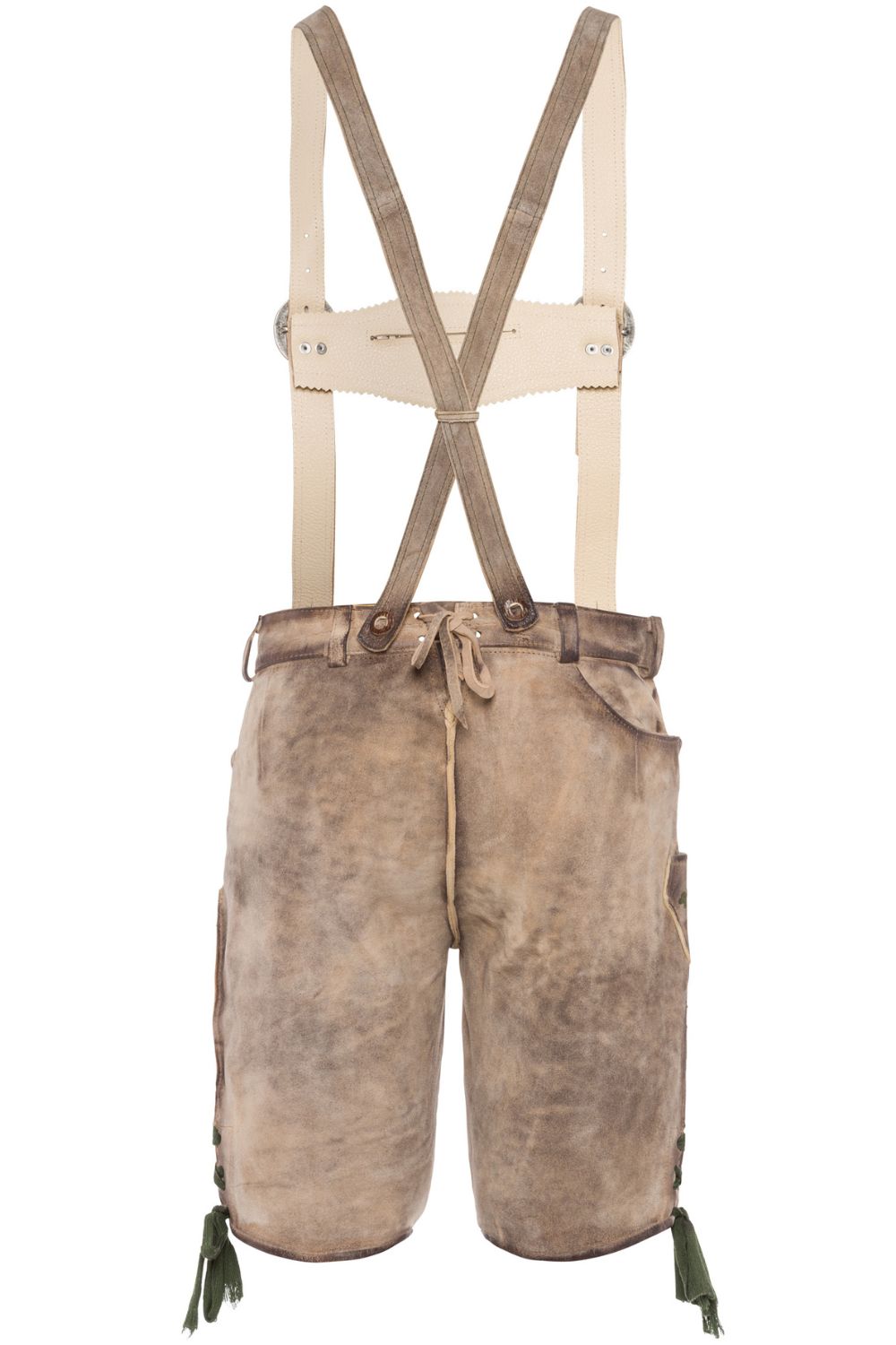 Back view of lederhosen for men with adjustable suspenders and rustic leather finish, ideal for a classic Oktoberfest outfit.