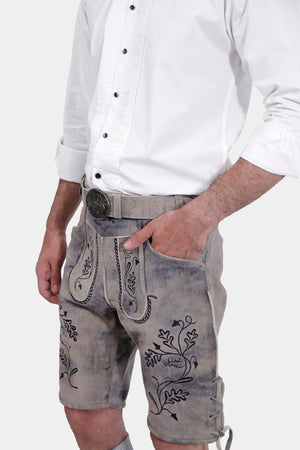 Close-up side view of Thuringian Forest Dragons Lederhosen, showing the knife pocket and natural leather texture