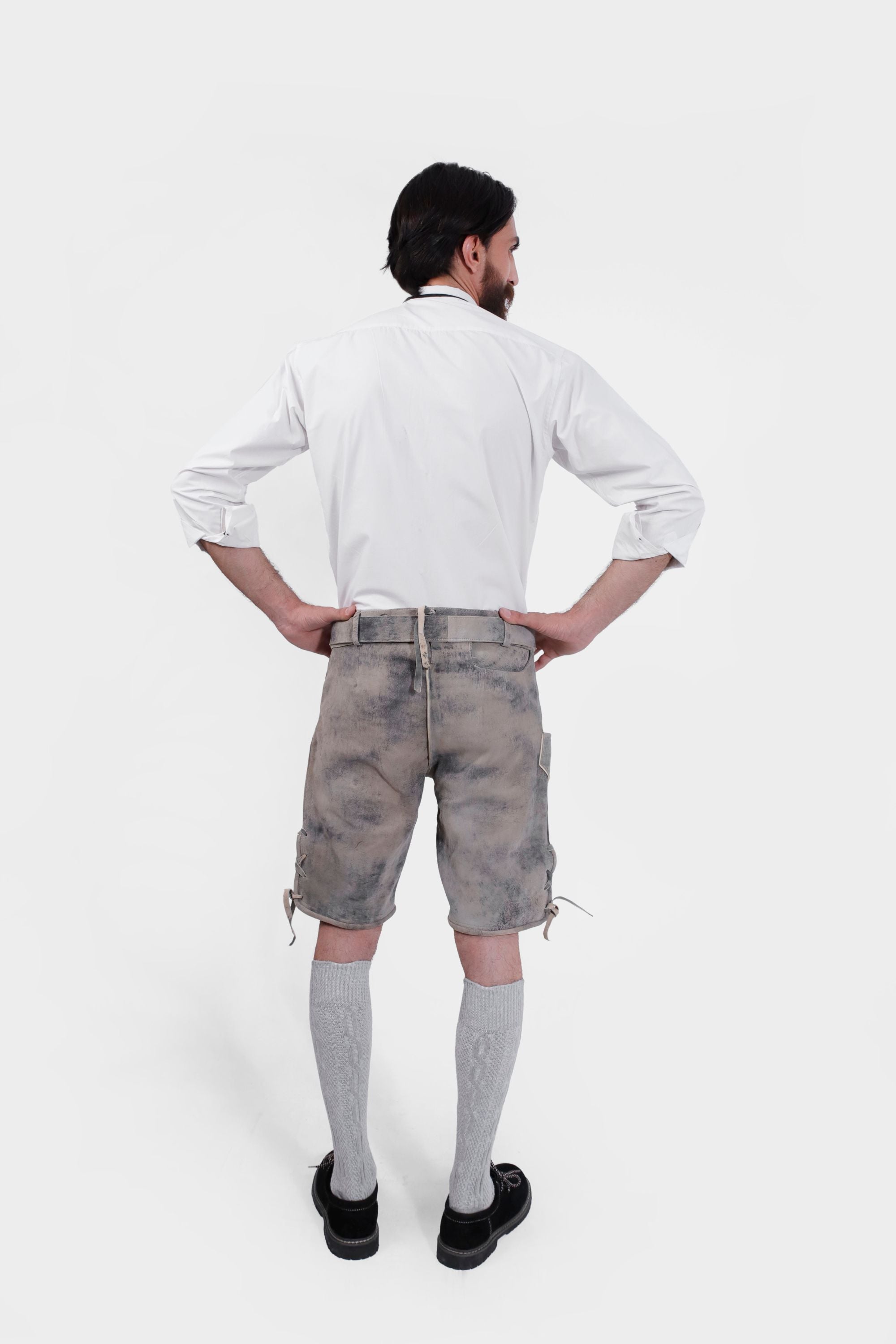 Back view of the Staffelsee Sunset Lederhosen, showing the adjustable waistband and overall rustic appearance