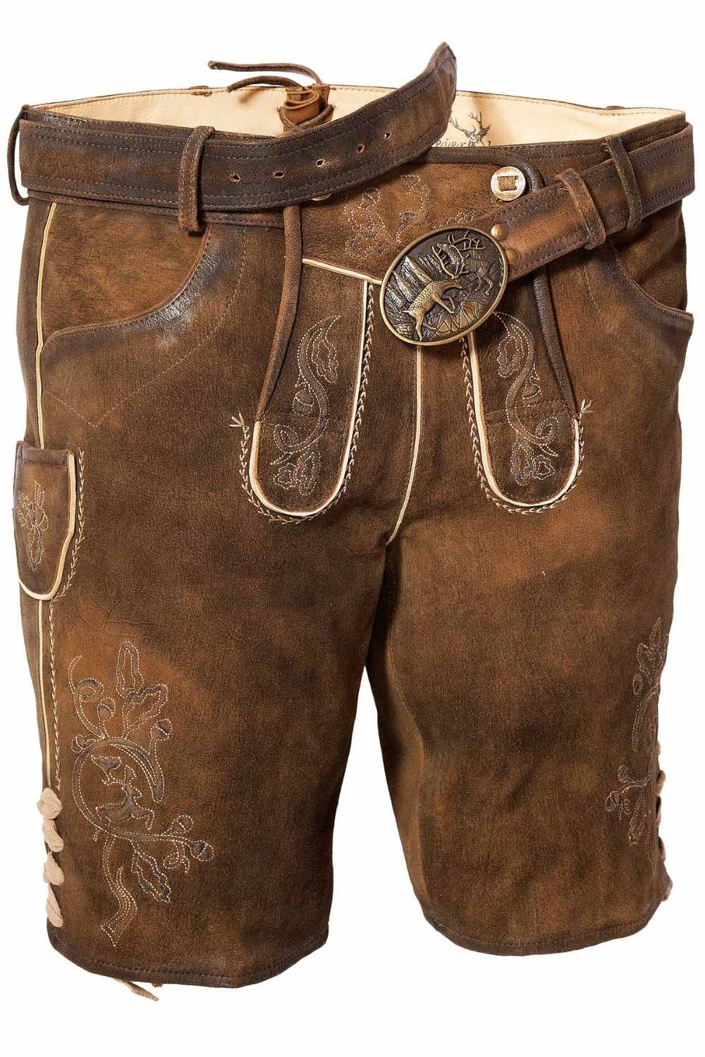 Front view of mens black lederhosen with intricate stitching and a traditional deer-themed belt buckle, a perfect example of traditional German clothing for men.