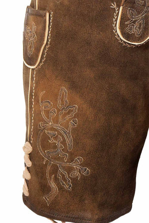 Side view of lederhosen bike shorts with decorative stitching and leather lace-up details, providing a rugged yet classic Bavarian look.