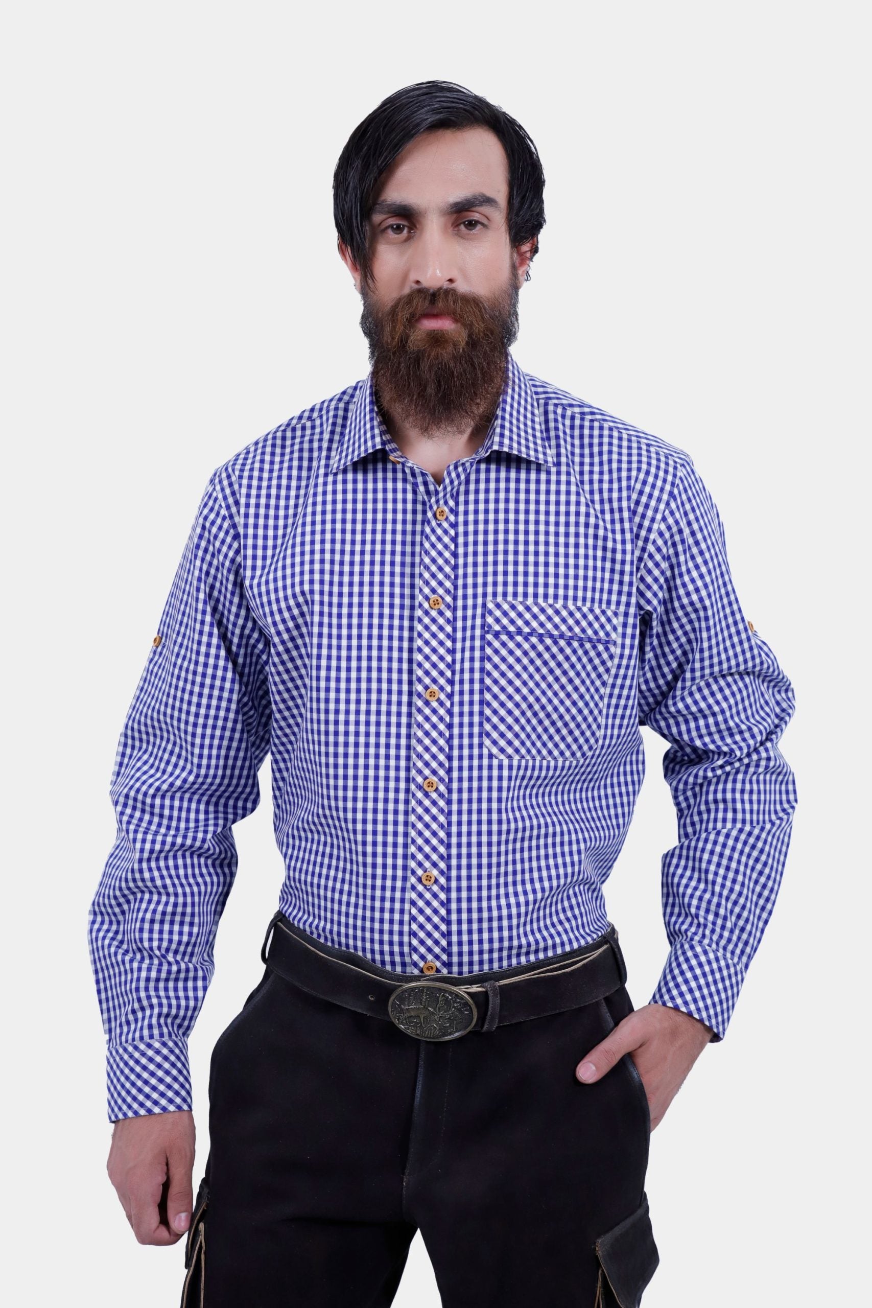 man wearing Vespucci Cargo Lederhosen with 6 pockets in black color paired with a blue checkered shirt