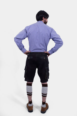 Back view of a man wearing Vespucci Cargo Lederhosen with 6 pockets in black color.