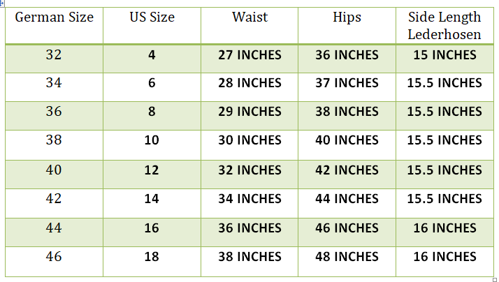 Women's Lederhosen Size Chart
