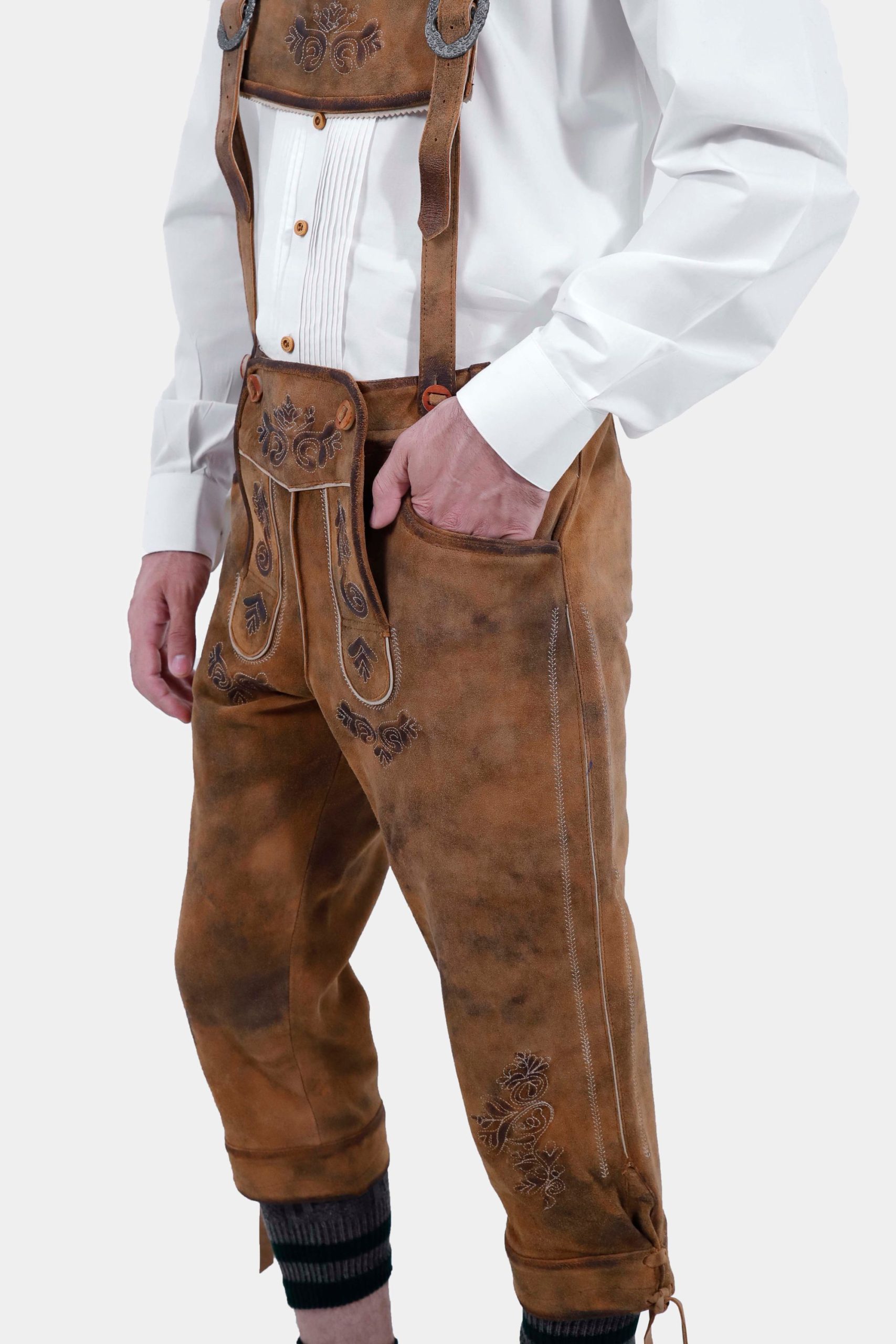 Brown lederhosen with suspenders tan embroidery soft nappa factory leather