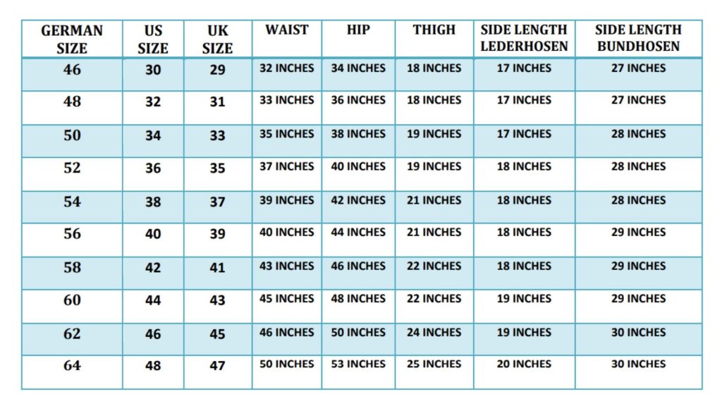 Lederhosen Size Chart For Men