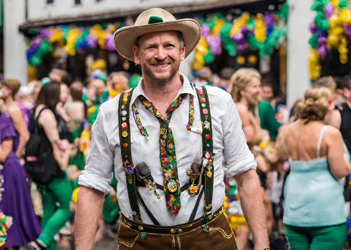 man wearing bavarian attire at mardi gras