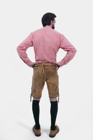 Rear view of a man wearing Oktoberfest Tulsa Lederhosen and dark green socks, showcasing the detailed embroidery on the back of the shorts.