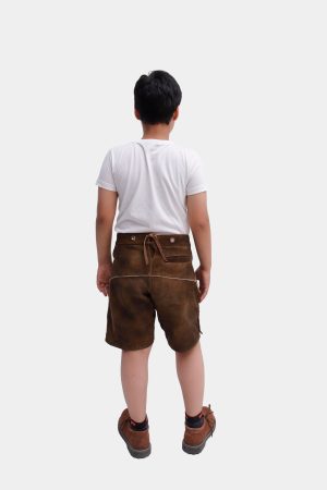 Back view of a young boy in Elias Lederhosen, highlighting the back waistband and horn buttons along the leg cuffs."