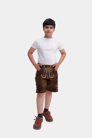 Side view of a young boy in Elias Lederhosen, showcasing the detailed side embroidery and knife pocket.