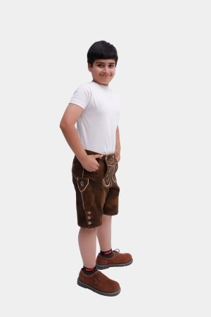 Young boy in Elias Lederhosen sitting down, showing off the front detailed embroidery and overall fit."