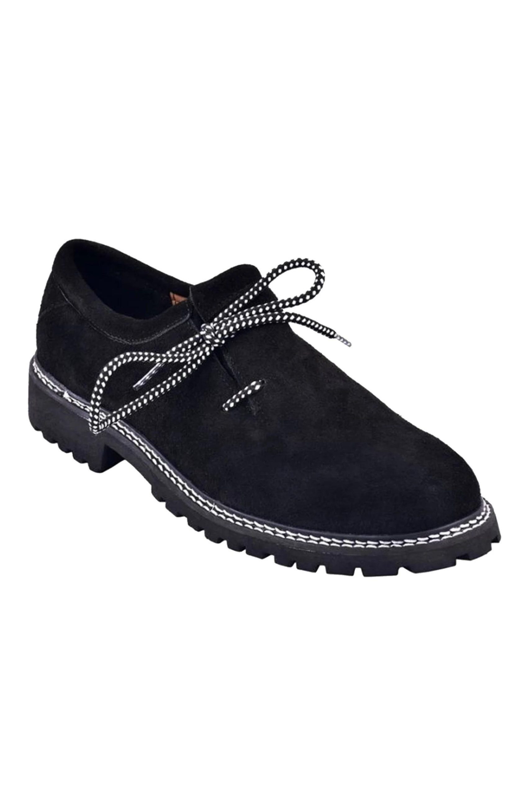 Niclas Lederhosen Shoe in black, highlighting the side view with a focus on the unique patterned laces and robust sole.