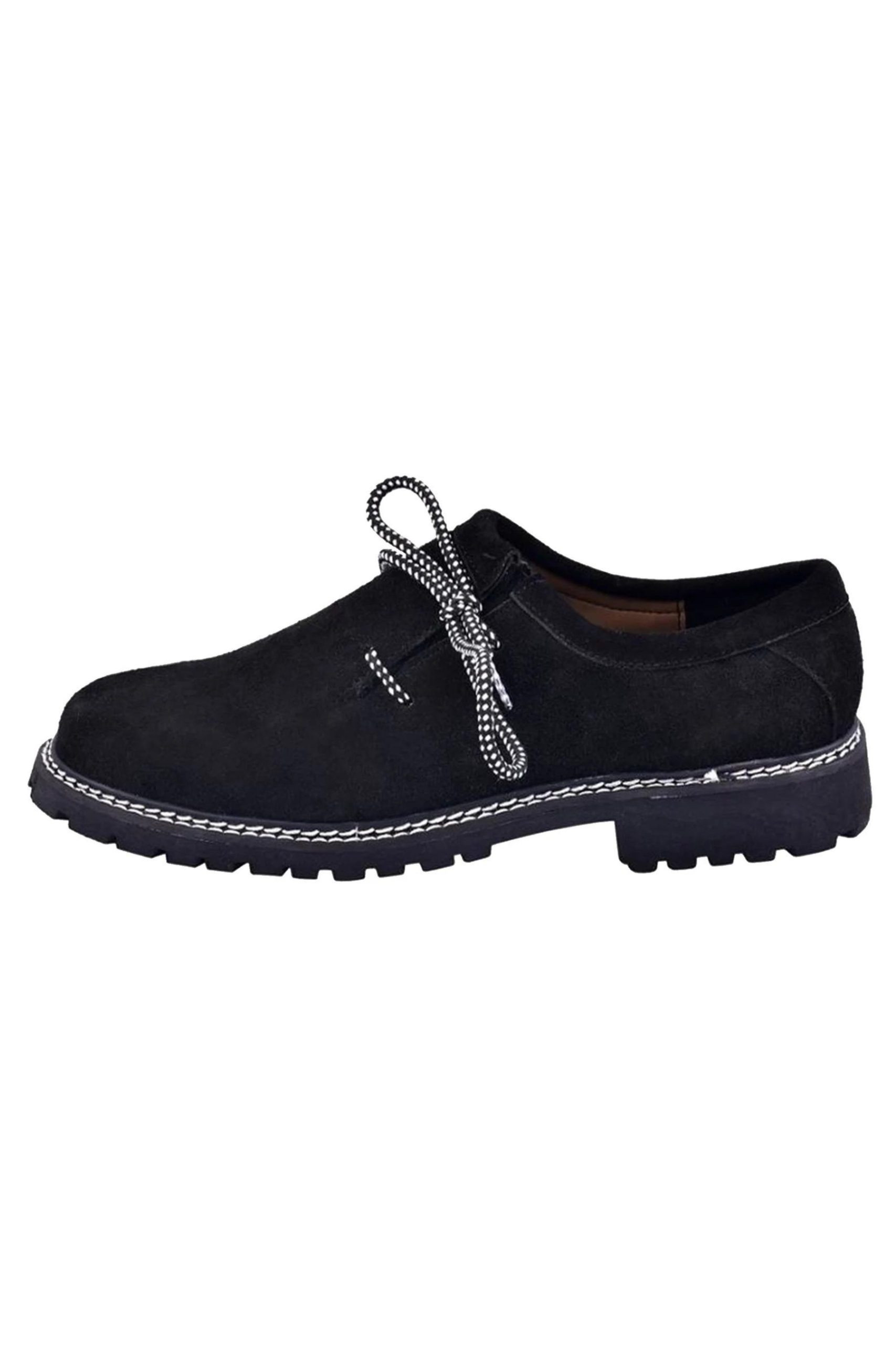 Niclas Lederhosen Shoe in black, displaying the side profile with intricate stitching and slip-resistant sole